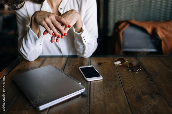 Fototapeta Lunch with successful business woman. Modern technology, electronic objects. Unrecognizable stylish female