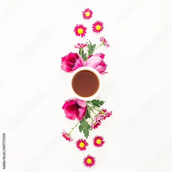 Fototapeta Pink flowers with mug of tea on white background. Flat lay, top view. Blogger composition