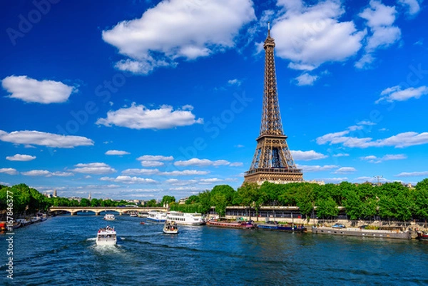 Fototapeta Paris Eiffel Tower and river Seine in Paris, France. Eiffel Tower is one of the most iconic landmarks of Paris.