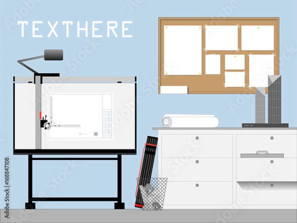 Fototapeta Front view of architect and engineer workplace drafting table, cabinet, cork board and model. Background design with space for text.