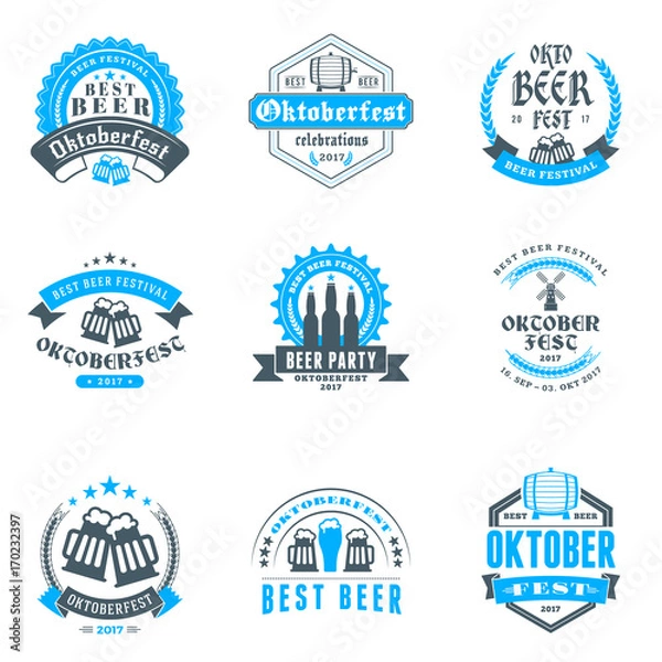 Fototapeta Beer festival Oktoberfest celebrations. Set of retro vintage beer badges, labels, logos for bar, pub, beer party. Vector design elements