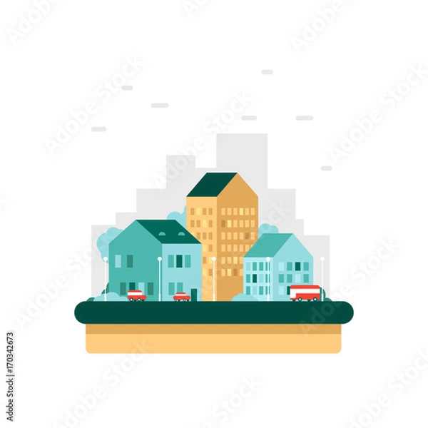 Fototapeta Cityscape with cars vector illustration in modern flat style on isolated background.