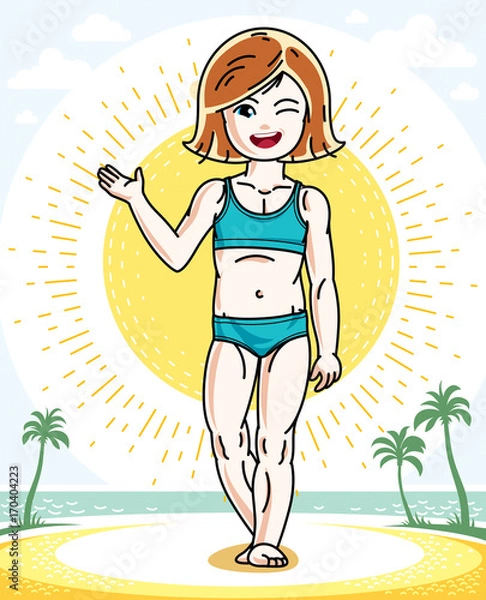 Fototapeta Beautiful happy little redhead girl posing on tropical beach with palms. Vector attractive kid illustration wearing swimming suit.