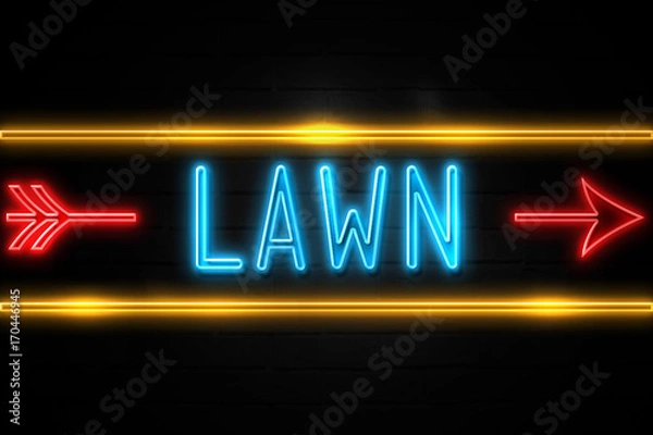 Fototapeta Lawn  - fluorescent Neon Sign on brickwall Front view