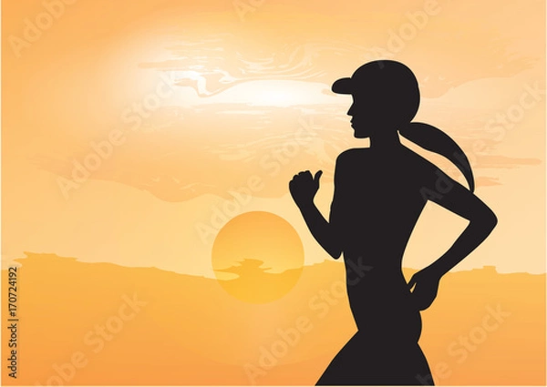 Obraz Female athlete jogging early in the morning, rising yellow sun - art, creative, modern vector illustration. Sports banner