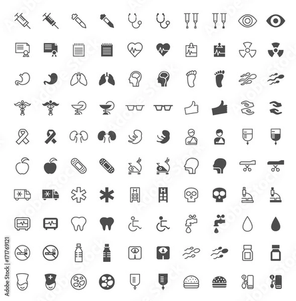 Fototapeta Set of 100 Medical Minimal and Solid Icons on White Background . Vector Isolated Elements