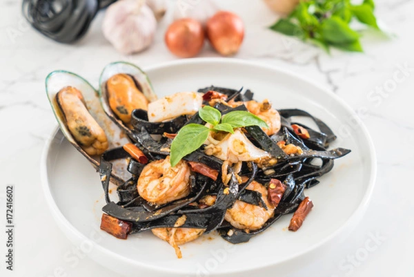 Obraz black spaghetti or pasta with seafood