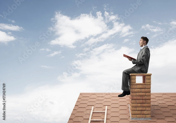 Fototapeta Student guy in suit on brick house roof reading book