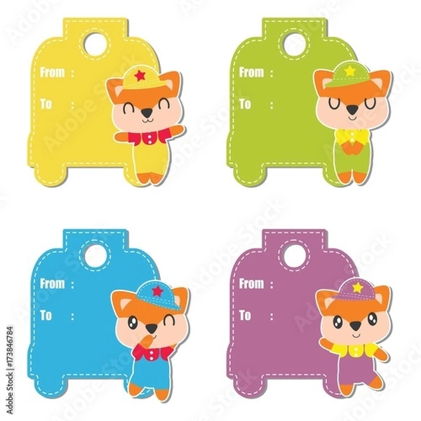 Obraz Cute fox boys vector cartoon illustration for birthday gift tag design, label tag and sticker set design