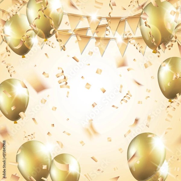 Fototapeta Gold balloons, confetti, streamers and party flag on gold background Vector