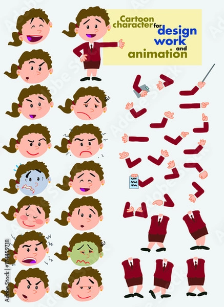 Fototapeta Funny cartoon of a businesswoman character. Face and body articulated elements, parts of body template for design work and animation. Vector illustration.