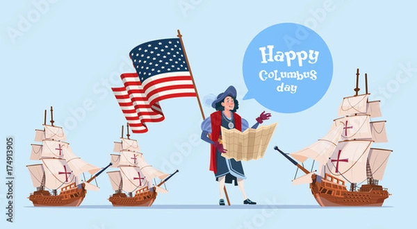 Fototapeta Happy Columbus Day Ship America Discovery Holiday Poster Greeting Card Flat Vector Illustration