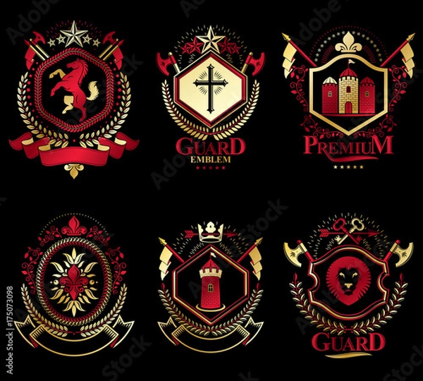 Fototapeta Set of old style heraldry vector emblems, vintage illustrations decorated with monarch accessories, towers, pentagonal stars, weapon and armory. Coat of Arms collection.