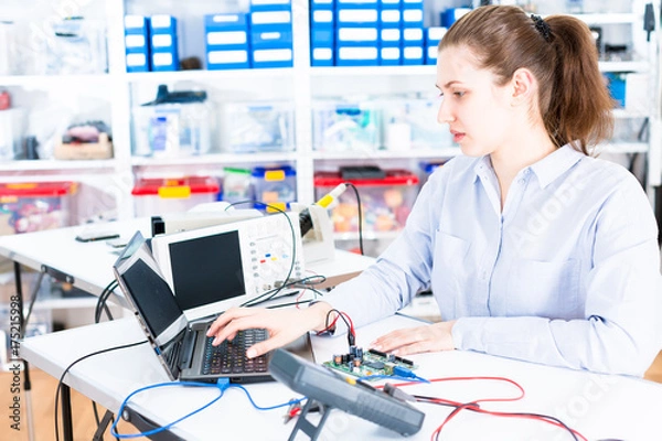 Fototapeta Young woman in electronics repair service center