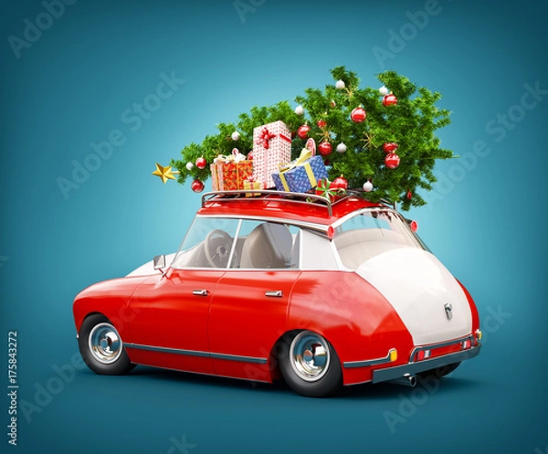 Fototapeta Red Santa's car with gift boxes and christmas tree on the top