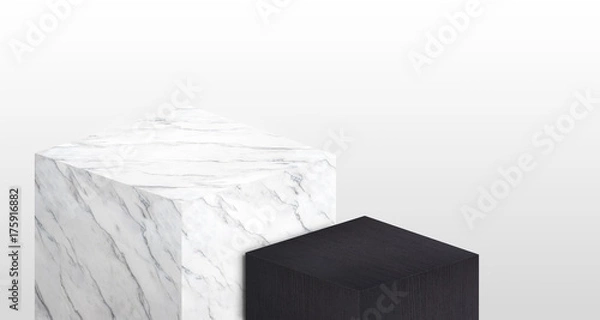 Obraz Product display stand made from white marble and black wood in two step with copy space for display of content design or replace your background,Banner for advertise product on website,3d rendering.