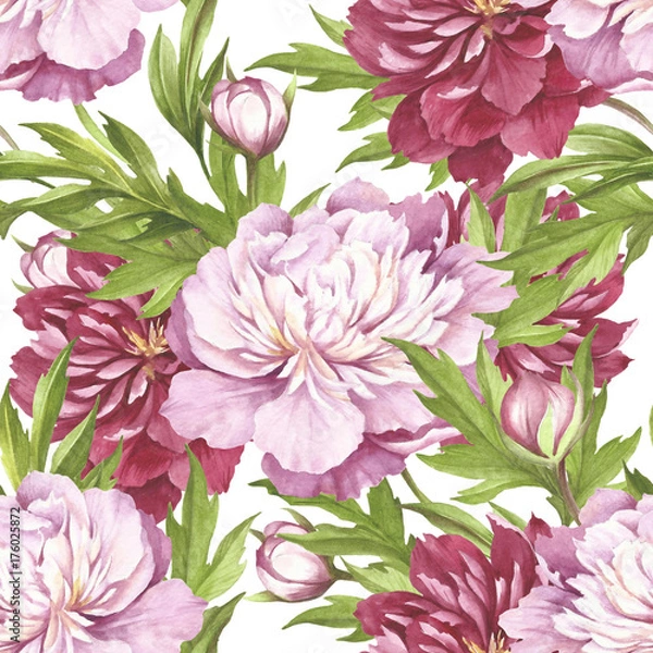 Fototapeta Seamless pattern with peonies. Hand draw watercolor illustration.