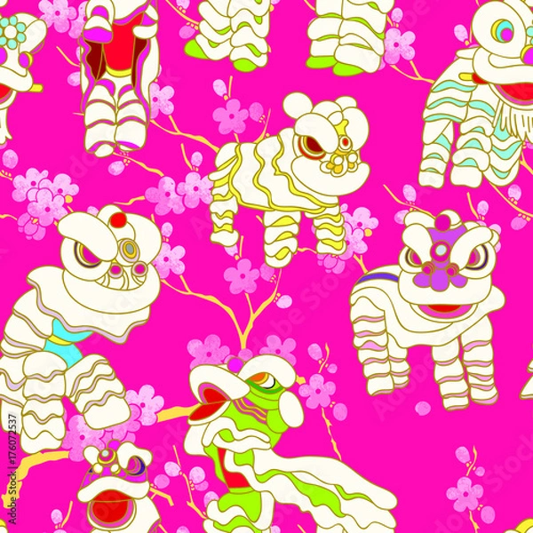 Fototapeta Lion Dance with peach blossoms