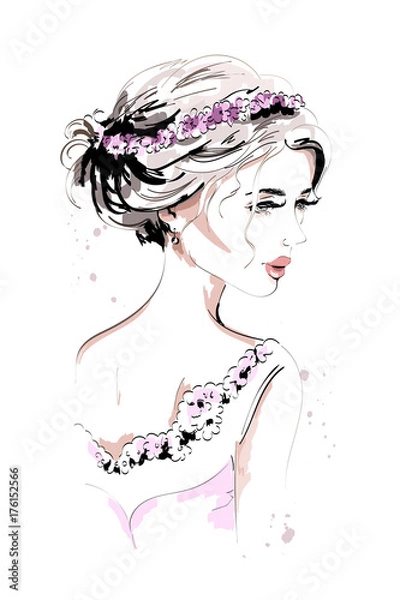 Fototapeta Beautiful young woman portrait. Fashion woman. Hand drawn cute girl with flower wreath and beautiful hairstyle. Sketch.