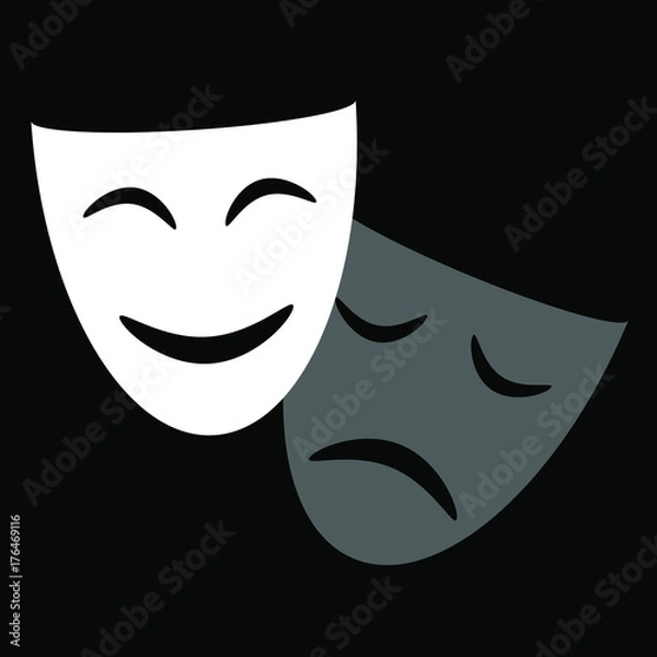 Fototapeta Theatrical masks graphic icon. Masks theatrical isolated sign on black background. Vector illustration