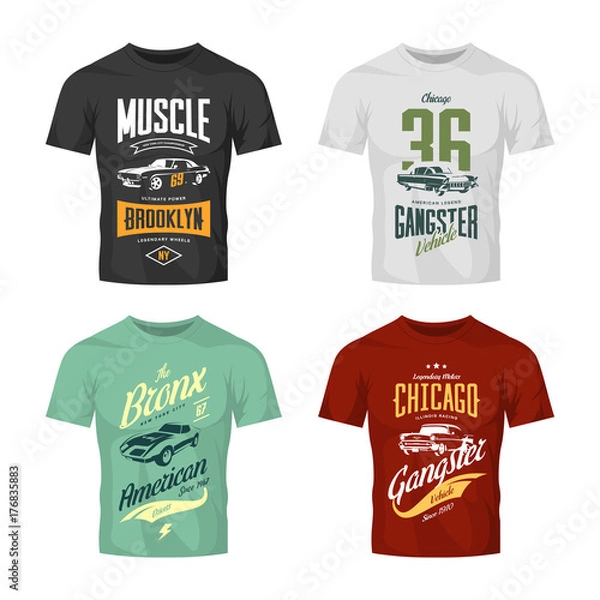 Fototapeta Vintage classic gangster and muscle car vector t-shirt logo mock up set.  American street wear superior retro tee print design.