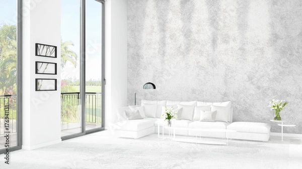 Fototapeta Brand new white loft bedroom minimal style interior design with copyspace wall and view out of window. 3D Rendering.