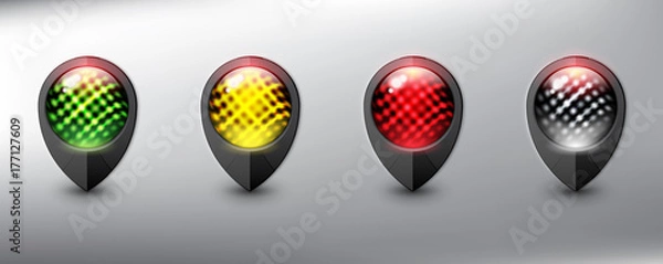 Fototapeta Collection of 4 map markers. Location icons. Semaphore. Black with traffic lights in 4 different colors. Isolated with realistic shine and shadow on the light background. Vector illustration. Eps10.