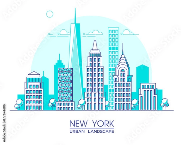 Fototapeta New York city line vector illustration. Famous buildings and skyscrapers. Cityscape.