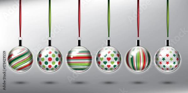 Fototapeta Set of 6 White Christmas balls with stripes, dots, stars and hearts. Christmas ornaments. Design elements for holiday cards. Isolated on the white panel. Vector illustration. Eps10.