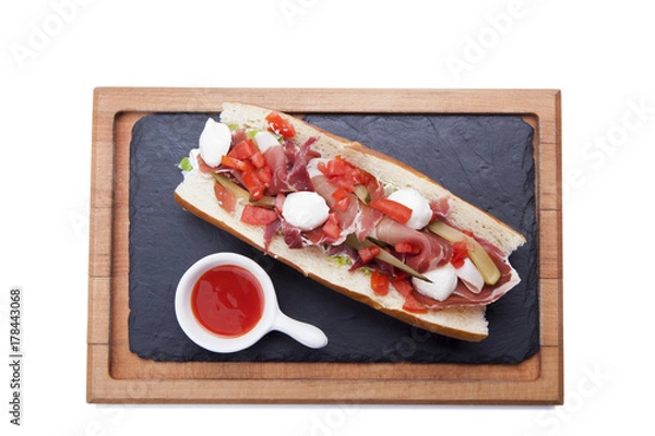 Fototapeta Top view of Healthy Sandwich toast with lettuce, ham, cheese and tomato isolated