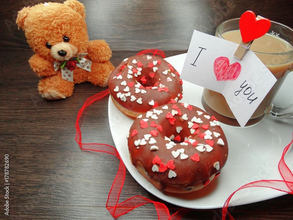 Obraz valentine's day chocolate donuts teddy bear and greeting card