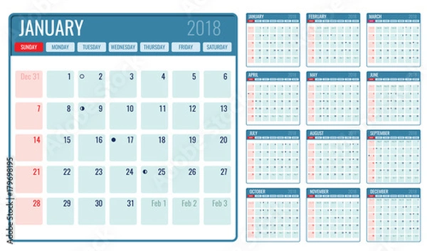 Fototapeta Vector monthly calendar template 2018 year