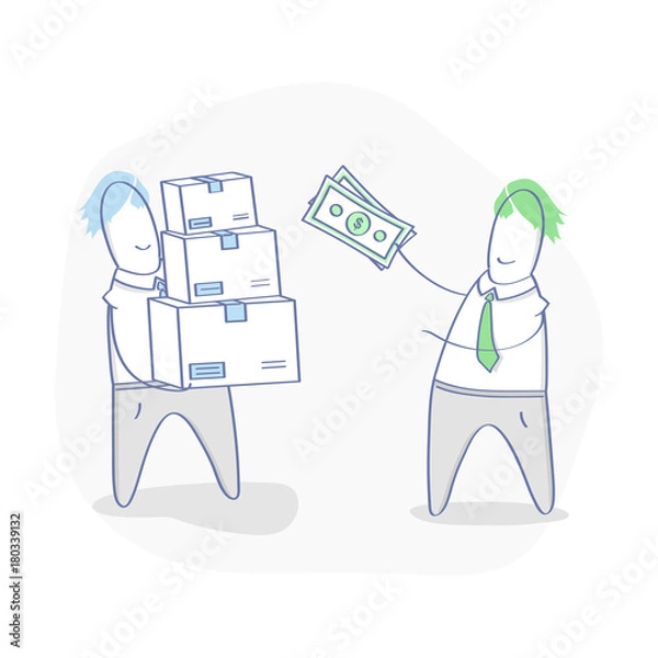 Fototapeta Two cute cartoon men hold in their hands money in cash and boxes. Deal, purchase, process of payment, cash on delivery, payment to courier for shipping. Flat outline vector illustration.