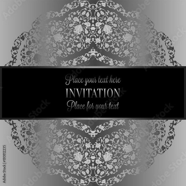 Fototapeta Floral background with antique, luxury black, metal silver and gray vintage frame, victorian banner,damask floral wallpaper ornaments, invitation card, baroque style booklet, fashion pattern, template