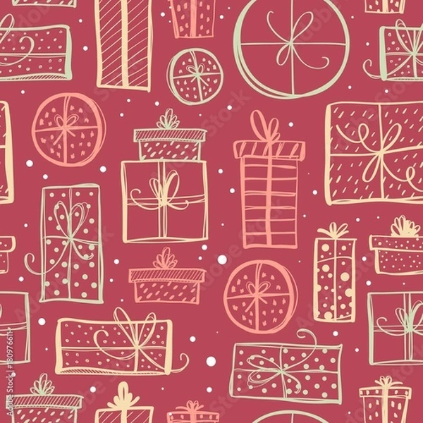 Fototapeta Seamless pattern with hand drawn gift boxes.