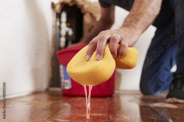 Fototapeta Man mopping up water from the floor with a sponge, detail