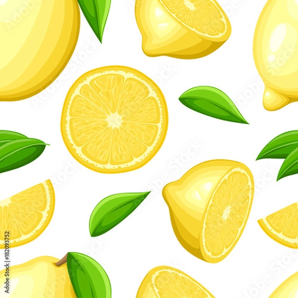 Fototapeta Lemon with leaves whole and slices of lemons. Seamless illustration. Vector illustration for decorative poster, emblem natural product, farmers market.