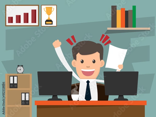 Fototapeta Successful businessman happy sitting on desk and look growth graph on computer pc. business success concept cartoon character vector illustration.