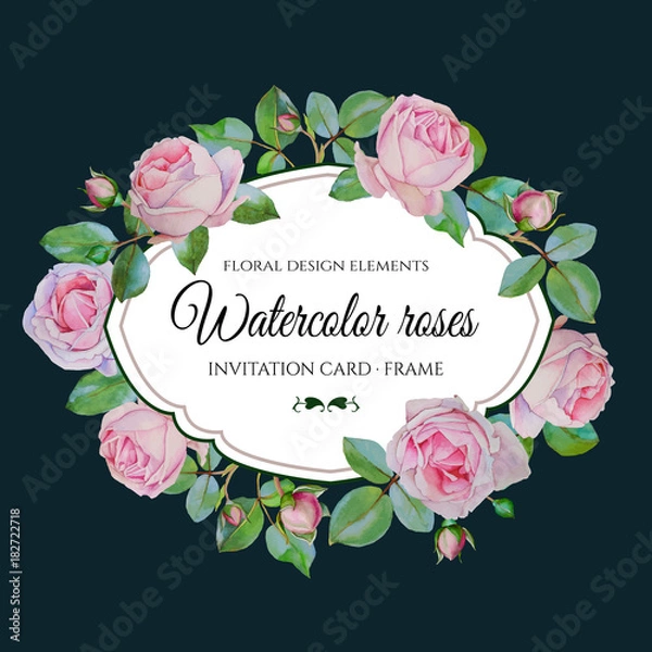 Fototapeta Vector floral frame with watercolor pink roses. Invitation card with wreath of hand drawn watercolor flowers