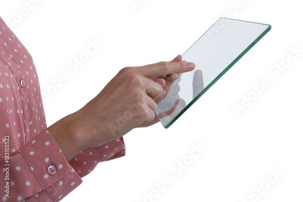 Fototapeta Woman using glass digital tablet 