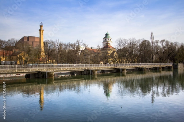 Fototapeta View of Isar River in Munich, Germany