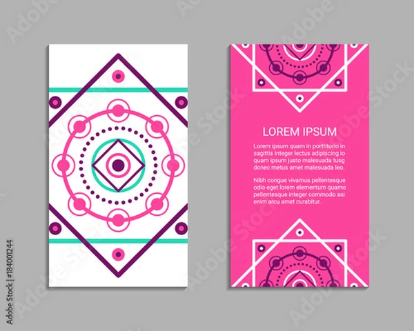 Fototapeta Flyer design inspired by sacred geometry. Vertical blanks with sacral geometric signs. Line art colorful brochure pattern. EPS 10 vector card templates.