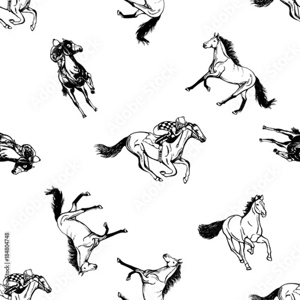 Fototapeta Seamless pattern of hand drawn sketch style horses and jockeys on horses. Vector illustration isolated on white background.