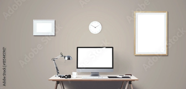 Fototapeta Computer display and office tools on desk. Desktop computer screen isolated. Modern creative workspace background. Front view.