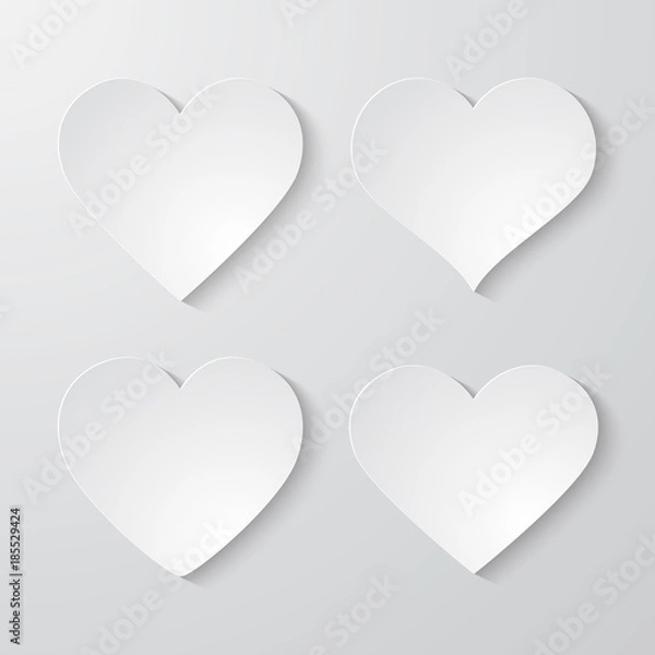 Fototapeta Set of 4 white paper cut out hearts different shapes on white background. Vector illustration