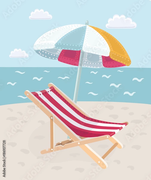 Fototapeta Summer vacation on the beach. Image loungers with an umbrella on a tropical sea in the hot season.