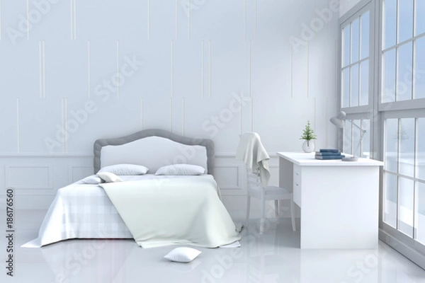 Fototapeta White bed room decor with tree in glass vase, pillows, blanket, window, sky, lamp, desk, book,bed, white wall it is pattern,The sun shines through the window into the shadows. 3d rendering.