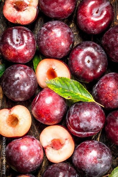 Fototapeta Fresh, ripe plums with leaves.