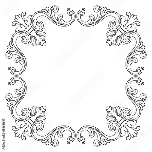 Fototapeta Vintage border frame engraving with retro ornament pattern in antique baroque style decorative design. Vector