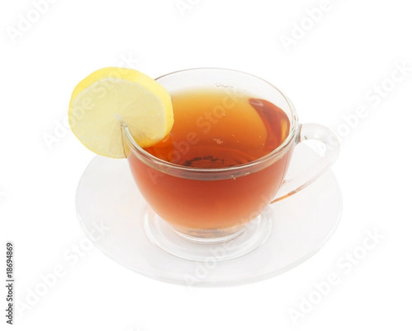 Fototapeta Glass cup of tea with lemon isolated on white